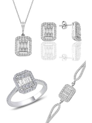 Söğütlü Silver Gümüş Rodyumlu 925 Ayar Dörtlü Set Baget Taşlı Modern Tasarım
