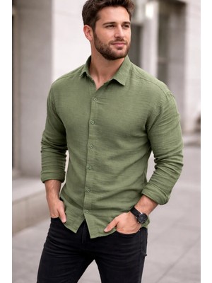 Zueofficial Erkek Haki Müslin Kumaş Klasik Yaka Gömlek – Uzun Kollu / Rahat Kesim