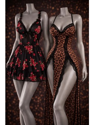 albonse Leopar Yırtmaçlı Uzun Gecelik Gül Desenli Transparan Babydoll Takımı