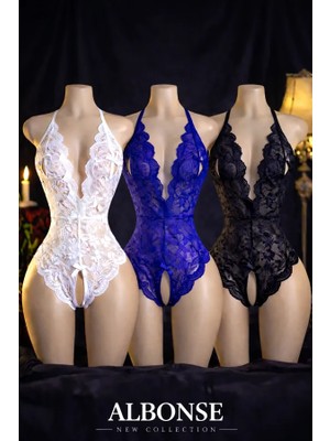 albonse Siyah-Beyaz-Saks Özel Bölgesi ve Sırtı Açık Dantel Detaylı Fantezi Gecelik Takım 3lü Avantajlı Paket