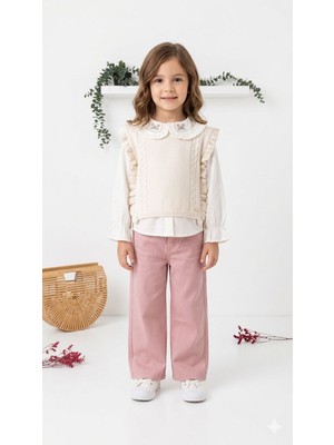 HaanBebe Kız Çocuk Nakışlı Gömlekli Süveter Takımı - Pudra Pembe Jean Pantolonlu 3’lü Kombin