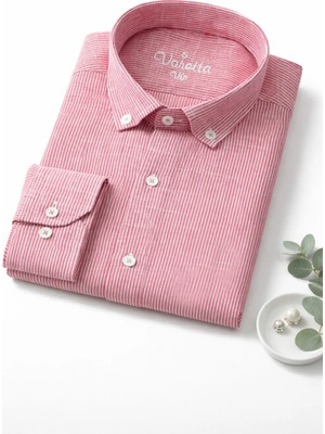 Varetta Erkek Çizgili Gömlek Keten Efektli Uzun Kollu Cepsiz Karanfil Pembe Geniş Kesim