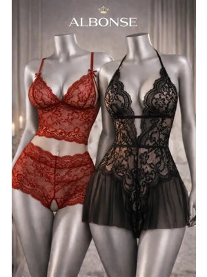 albonse Kırmızı-Siyah Dantel Detaylı Zarif Özel Bölgeleri Açık Fantezi Gecelik Takımı 2 Li Avantajlı Paket