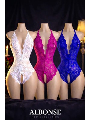 albonse Fuşya-Beyaz-Saks Özel Bölgesi ve Sırtı Açık Dantel Detaylı Fantezi Gecelik Takım 3lü Avantajlı Paket
