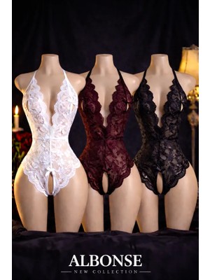 albonse Siyah-Beyaz-Bordo Özel Bölgesi ve Sırtı Açık Dantel Detaylı Fantezi Gecelik Takım 3lü Avantajlı Paket