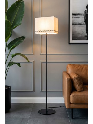 Marrien Corner Tulip Siyah Metal Ayaklı Dikdörtgen Lambader - 145cm Bohem Rustik Salon ve Köşe Aydınlatması