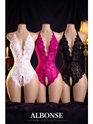 albonse Fuşya-Beyaz-Siyah Özel Bölgesi ve Sırtı Açık Dantel Detaylı Fantezi Gecelik Takım 3lü Avantajlı Paket