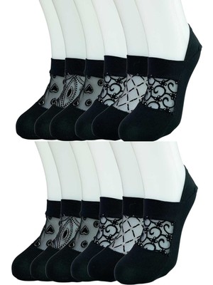 12 Adet Önü Transparan Kadın Fantezi Desenli Babet Çorap