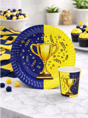 Parti Adresi Sarı Lacivert Taraftar Kupa Temalı Karton Tabak Bardak Set 8'li