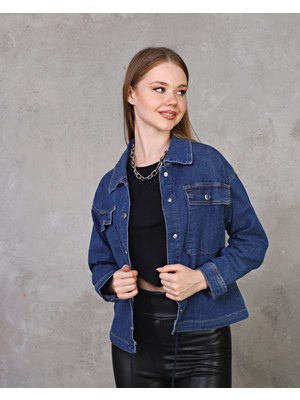 Kadın Çift Cep Kapaklı Düğmeli Gömlek Yaka Üst Kalite Jeans Ceket