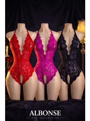 albonse Siyah-Fuşya-Kırmızı Özel Bölgesi ve Sırtı Açık Dantel Detaylı Fantezi Gecelik Takım 3lü Avantajlı Paket