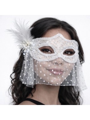Mey Ithalat® Beyaz Dantel Tüllü Peçeli Parti Maskesi – Tüylü Inci Detaylı