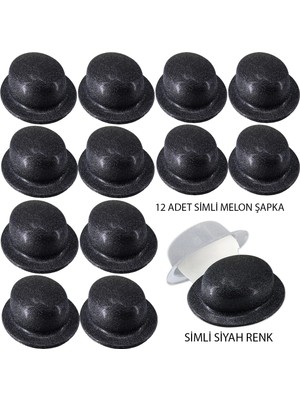 Mey Ithalat® Siyah Renk Simli Melon Yuvarlak Parti Şapkası 12 Adet