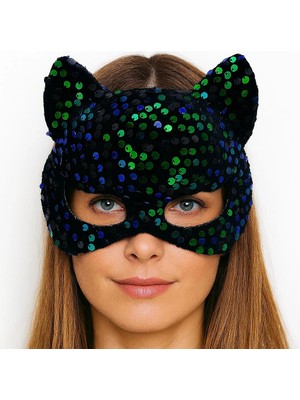 Mey Ithalat® Siyah Kadife Kumaş Üzerine Mavi Yeşil Payetli Pullu Parti Maskesi 16X14 cm