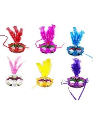 Mey Ithalat® Renkli Tüylü Venedik Parti Maskesi Karışık Renk 12 Adet