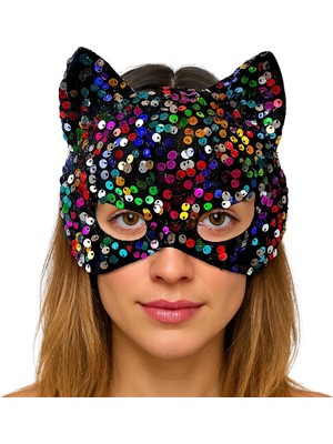 Mey Ithalat® Siyah Kadife Kumaş Üzerine Rengarenk Payetli Pullu Parti Maskesi 16X14 cm