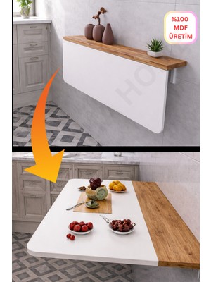 Kydonia Home Çam Beyaz Renk Katlanır Açılır Kapanır Duvara Monte Masa Oval Köşeli Mdf