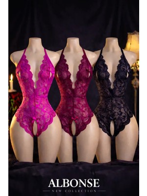 albonse Fuşya-Bordo-Siyah Özel Bölgesi ve Sırtı Açık Dantel Detaylı Fantezi Gecelik Takım 3lü Avantajlı Paket