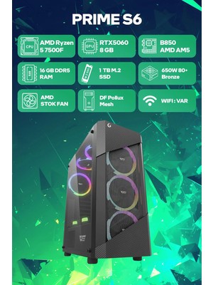 Game Garaj Prime S6 Amd Ryzen 5 7500F 16GB RAM 1TB SSD RTX5060 Freedos Oyuncu OEM Paket