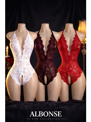 albonse Kırmızı-Beyaz-Bordo Özel Bölgesi ve Sırtı Açık Dantel Detaylı Fantezi Gecelik Takım 3lü Avantajlı Paket