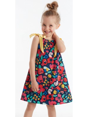 Denokids Bahar Çiçekli Kız Çocuk Elbise Günlük Stil Lacivert - Pembe Renk