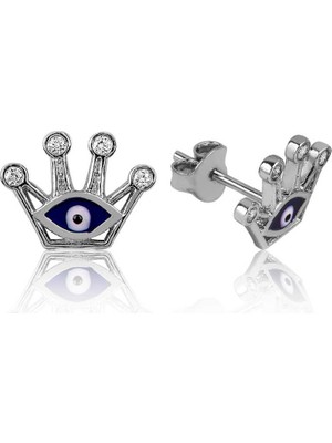 MiraLive 925 Ayar Gümüş Nazarlı Kraliçe Tacı Çivili Küpe EA1160113 (72)