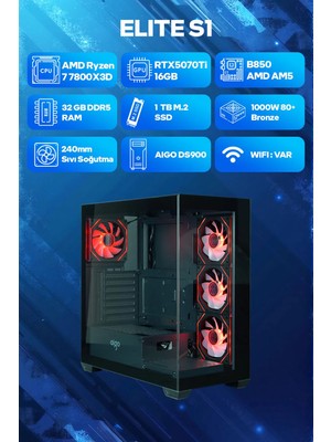 Game Garaj Elite S1 Amd Ryzen 7 7800X3D 32GB RAM 1TB SSD RTX5070Ti 240MM Sıvı Soğutma Freedos Oyuncu OEM Paket