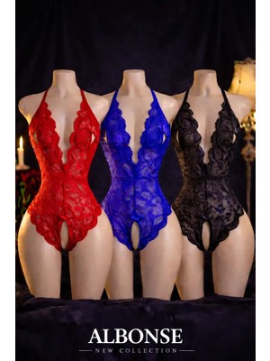 albonse Siyah-Saks-Kırmızı Özel Bölgesi ve Sırtı Açık Dantel Detaylı Fantezi Gecelik Takım 3lü Avantajlı Paket