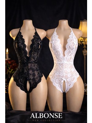 albonse Siyah-Beyaz Özel Bölgesi ve Sırtı Açık Dantel Detaylı Fantezi Gecelik Takım
