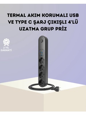 TeknoKapsül Akım Korumalı Çoklu Priz 4’lü 2 USB 1 Type-C 2500W Güçlü Tasarım