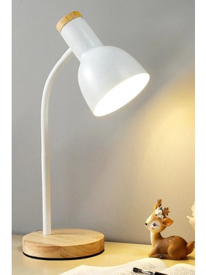 Ecuy USB LED Masa Lambası Beyaz Ahşap Tabanlı Modern Dekoratif, Şık Esnek Boyunlu Ofis ve Çalışma Lambası