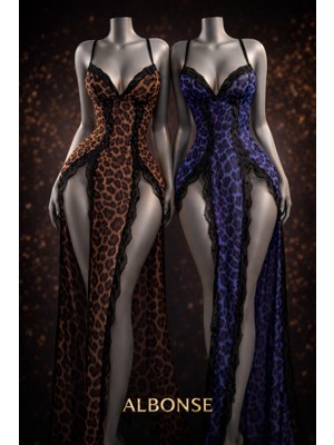 albonse Leopar Desenli Yırtmaçlı G-String Tanga Dahil Seksi Kadın Fantezi Gecelik Takımı Avantajlı 2 Li Paket