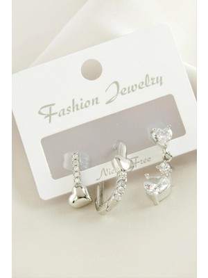 3 Adet Kalp Zirkon Taşlı Küpe