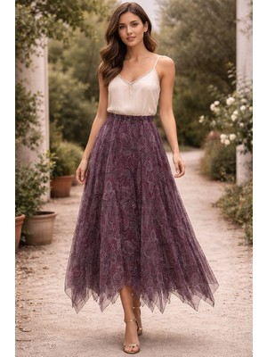 Miss Still Şal Desenli Uzun Şifon Etnik Mürdüm Etek