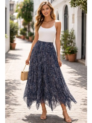 Miss Still Şal Desenli Uzun Şifon Etnik Lacivert Etek