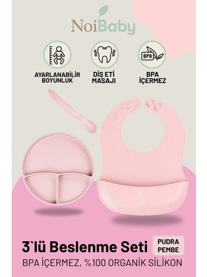 Pembe 3’lü Silikon Yemek Seti – Önlük + Diş Kaşıyıcılı Kaşık + Vakumlu Tabak
