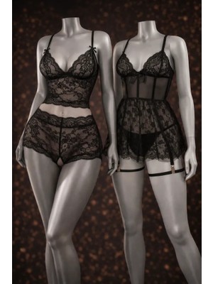albonse Siyah Dantel Detaylı Göğüs Dekolteli ve Crop Bralet Yüksek Bel Transparan Şort Takımı Avantajlı 2 Li Paket