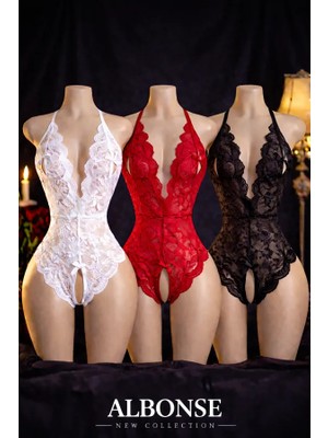 albonse Siyah-Beyaz-Kırmızı Özel Bölgesi ve Sırtı Açık Dantel Detaylı Fantezi Gecelik Takım 3lü Avantajlı Paket