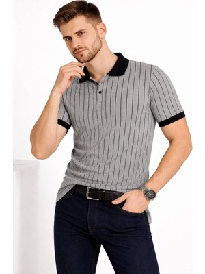 MiraLive Erkek Polo Yaka Çizgili Tişört Kısa Kol Düğmeli Yazlık T-Shirt - Gri