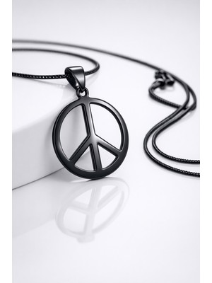 Siyah Paslanmaz Çelik Siyah Barış Sembolü Kolye Peace Kolye