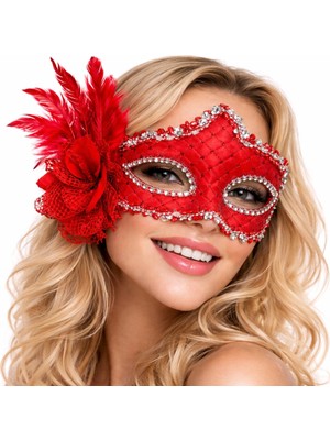 MiraLive Kırmızı Tüylü Venedik Lüks Balo Maskesi