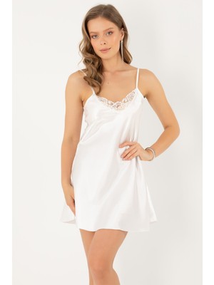 Miorre Güpürlü Gecelik Kadın %100 Saten Zarif Özellikleriyle Ekru Renk