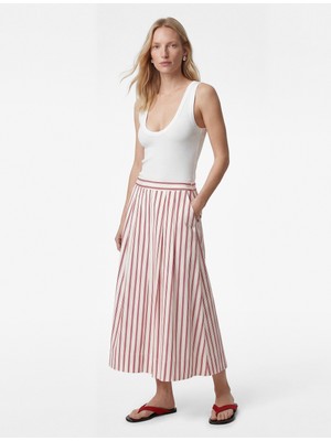 Koton Pamuklu Cepli Kloş Midi Çizgili Poplin Etek