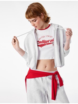 Koton Şardonlu Uzun Kollu Kapüşonlu Arkası Baskılı Fermuarlı Sweatshirt
