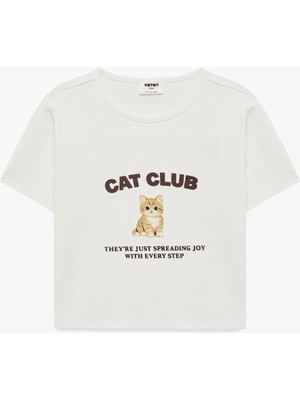 Koton Pamuklu Bisiklet Yaka Kısa Kollu Kedi Baskılı Crop Tişört