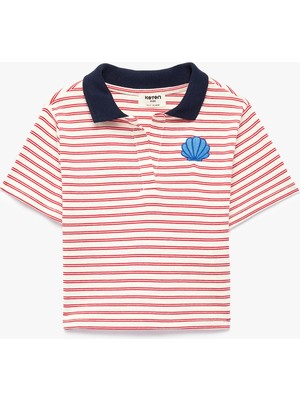 Koton Nakış Detaylı Kısa Kollu Pamuklu Renk Kontrastlı Polo Yaka Crop Tişört