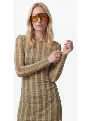 Koton Slim Fit Uzun Kollu Yuvarlak Yaka Drapeli Detaylı Mini Ekose Tül Elbise