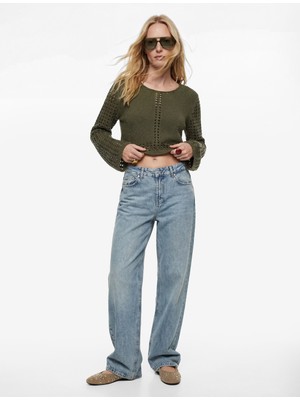 Koton Geniş Uzun Kollu Yuvarlak Yaka Kroşe Ajurlu Crop Kazak