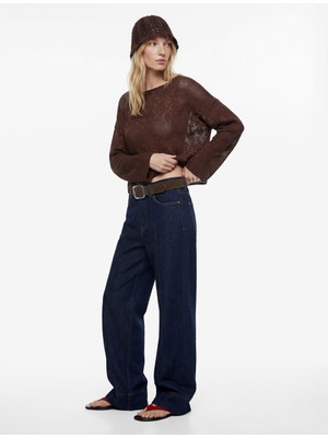 Koton Geniş Uzun Kollu Kayık Yaka Kroşe Ajurlu Kazak