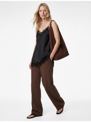 Koton Kupro Viskon Kumaş Beli Lastikli Bağlamalı Cepli Düz Bol Paça Pantolon